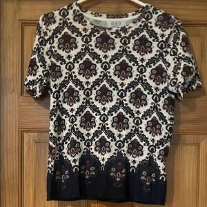 Tory Burch Navy and Cream Patterned Short Sleeve Top